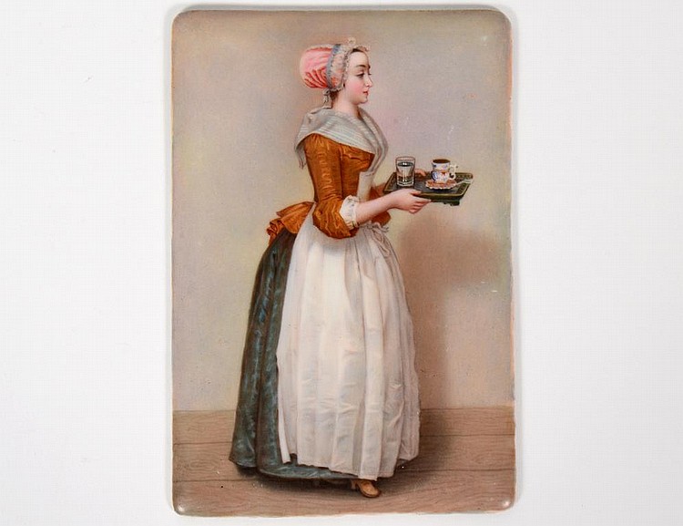 Appraisal: GERMAN PAINTED PORCELAIN PLAQUE OF A CHOCOLATIERProbably KPM Berlin Circa