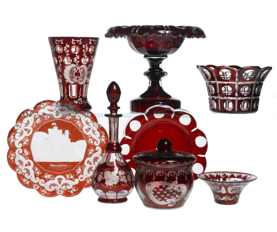 Appraisal: A BOHEMIAN RUBY-FLASHED AND CUT GLASS SWEETMEAT STAND with turnover