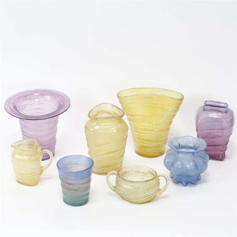 Appraisal: Collection of eight Phoenix Catalonian Art Glass vessels in yellow