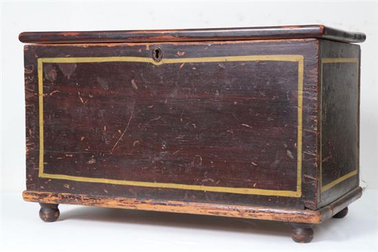 Appraisal: DIMINUTIVE BLANKET CHEST Brown and yellow painted chest with interior