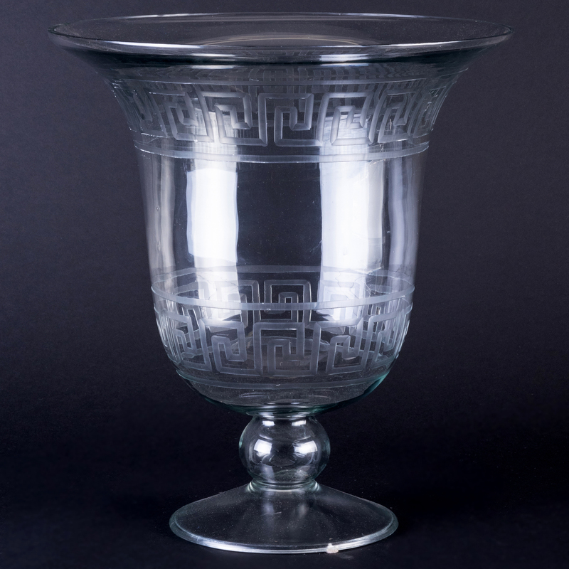 Appraisal: Large Etched Glass Urn with a Greek Key Pattern Unmarked