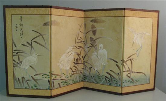 Appraisal: Chinese four panel folding screen decorated with storks signed on