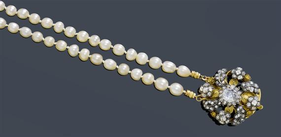 Appraisal: A th C NATURAL PEARL AND DIAMOND NECKLACE circa Red