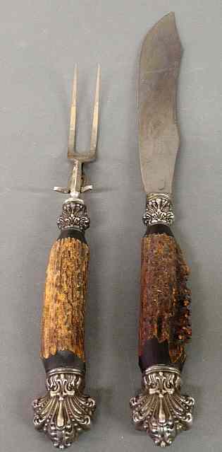 Appraisal: Two-piece carving set with sterling silver and stag horn handles