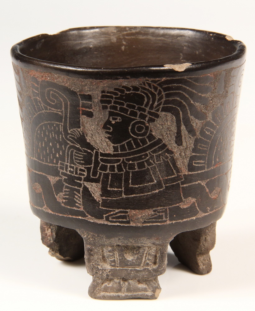 Appraisal: MAYA CERAMIC VESSEL - Three-Footed Cocoa Cup with incised decoration