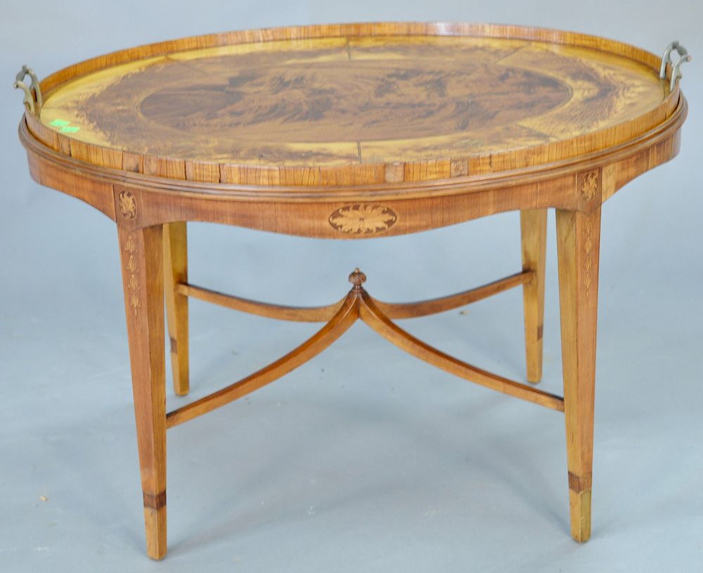 Appraisal: Mahogany tray top inlaid oval coffee table ht in top