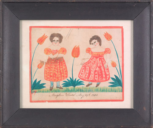 Appraisal: Pennsylvania ink and watercolor drawing of two girls inscribed Mary