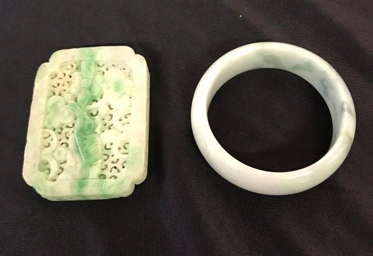 Appraisal: Carved Chinese green jade bangle diameter together with a medallion