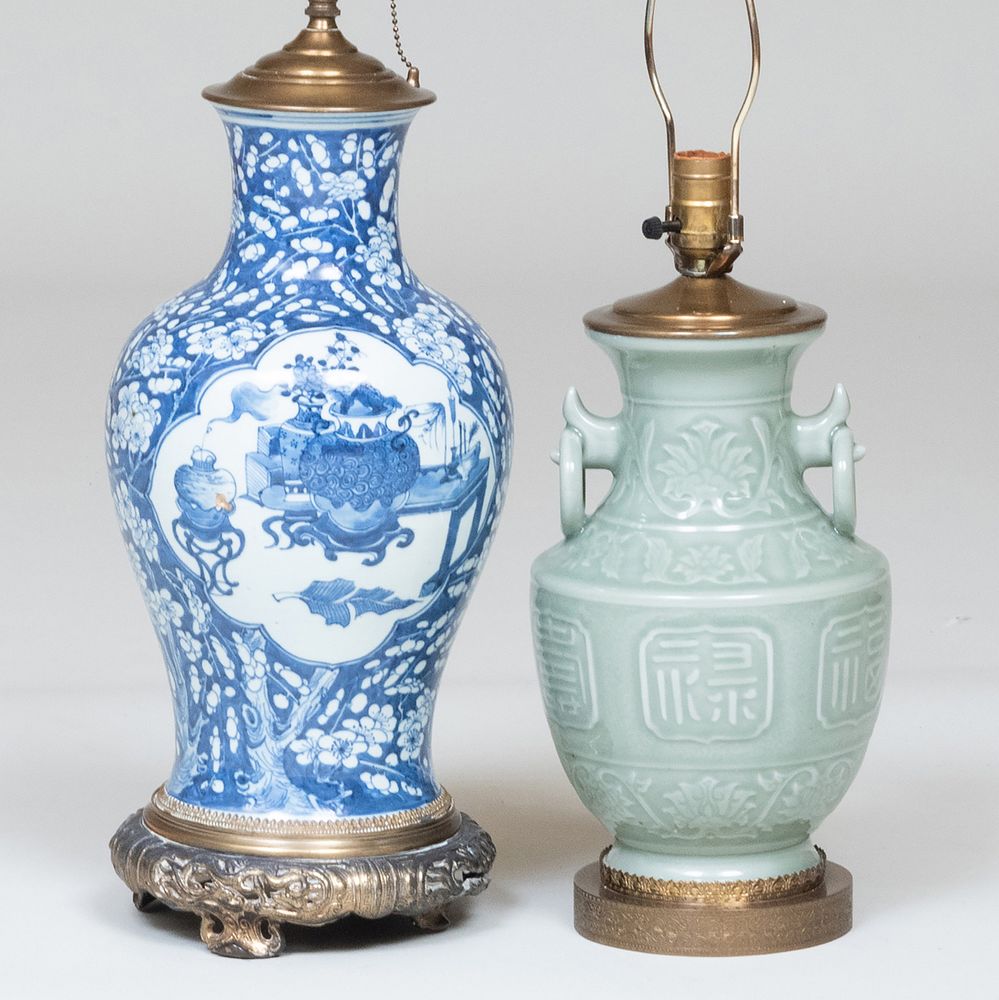 Appraisal: Chinese Blue and White Porcelain Vase and a Celadon Porcelain