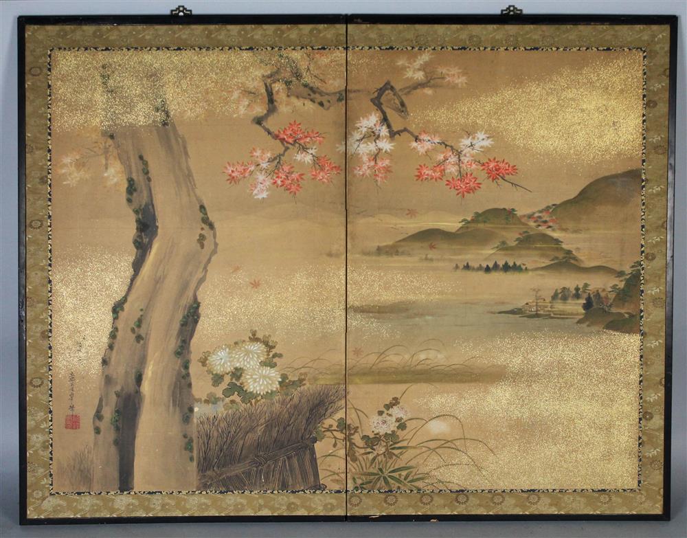 Appraisal: JAPANESE TWO-PANEL SCREEN ink and color on paper AUTUMN each