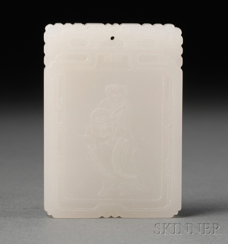 Appraisal: White Jade Pendant th century rectangular relief carving of Pu