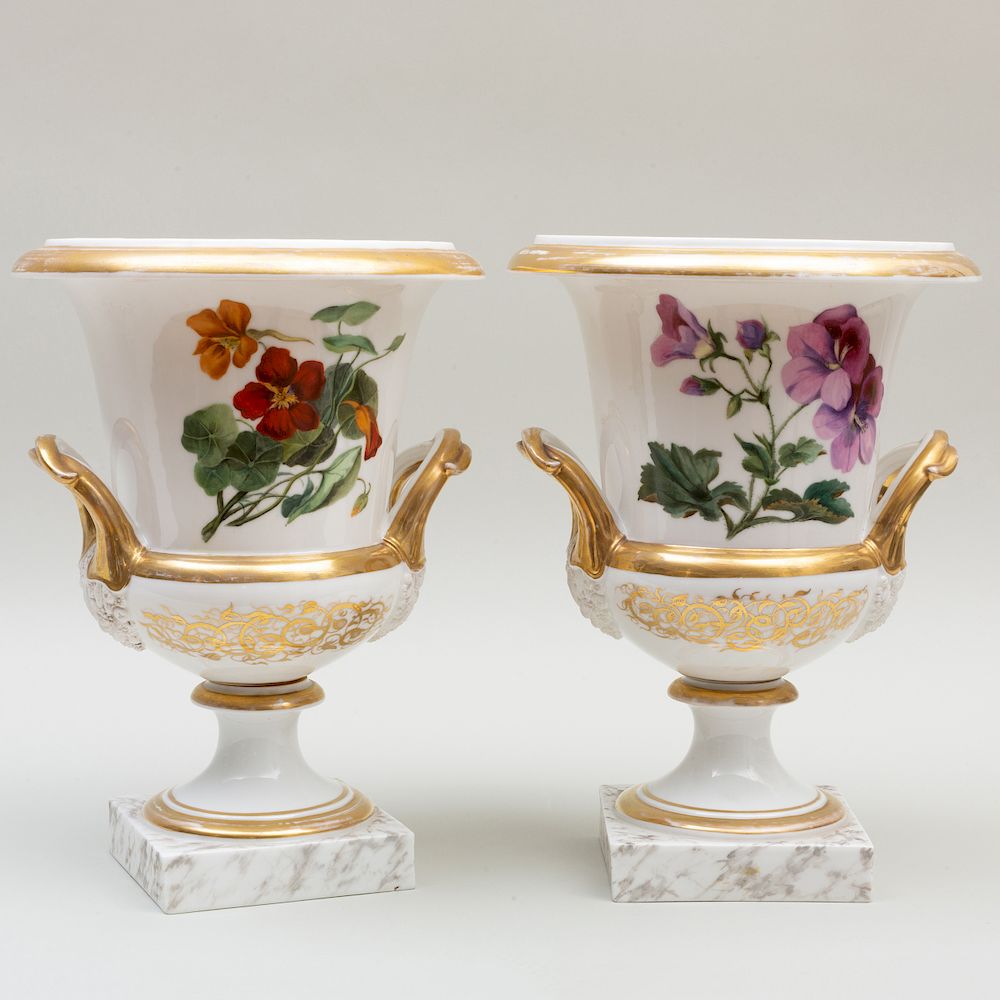 Appraisal: Pair of Paris Porcelain Urns Decorated with Fruits and Flowers