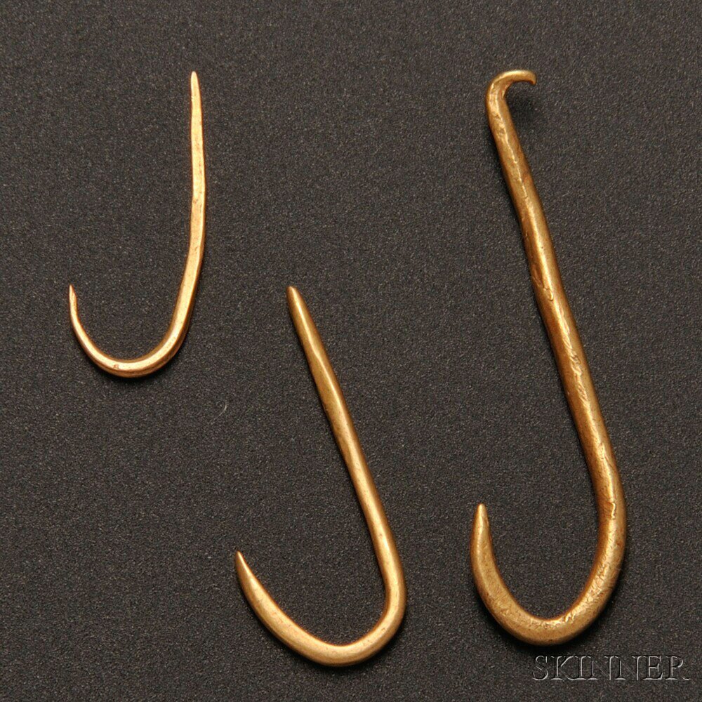 Appraisal: Three Tolita Gold Fishhooks Ecuador lg to in Provenance Leo