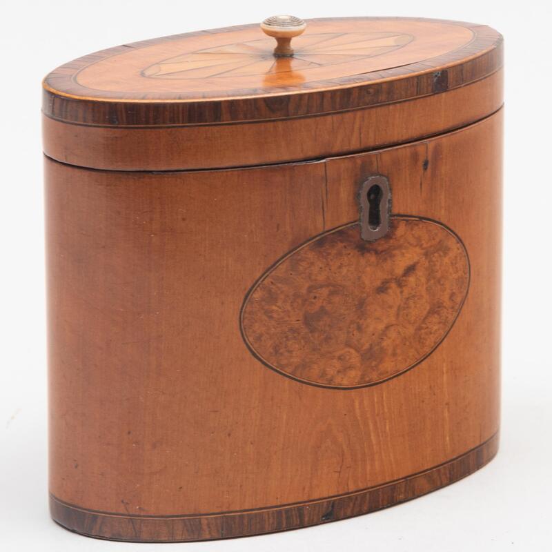 Appraisal: George III Burl Yew Rosewood and Fruitwood Oval Tea Caddy