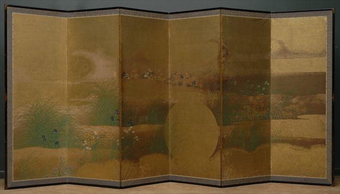 Appraisal: JAPANESE GOLD-GROUND PAINTED PAPER SIX-FOLD SCREEN Showing a continuous scene