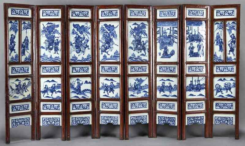 Appraisal: Chinese Qing blue and white porcelain plaqueinlaid eight panel screen