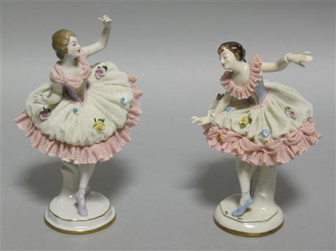 Appraisal: PAIR OF DRESDEN PORCELAIN BALLERINA FIGURES Each female dancer posing