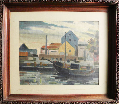 Appraisal: Oil on board harbor scene signed K Christensen x together