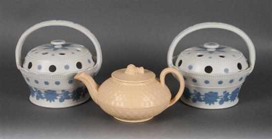 Appraisal: Pair of Staffordshire stoneware potpourri pots and a Wedgwood caneware