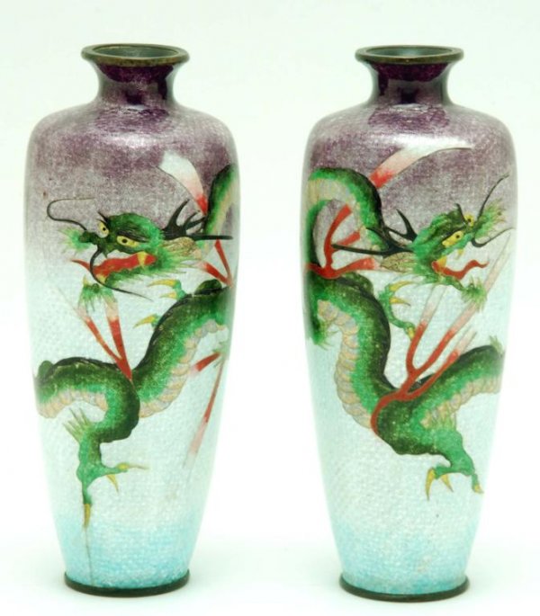 Appraisal: A pair of cloisonne vases Polychrome dragon decoration on blue