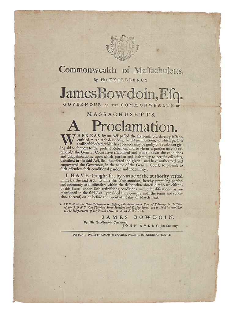 Appraisal: MASSACHUSETTS Bowdoin James Proclamation promising pardons to some participants in