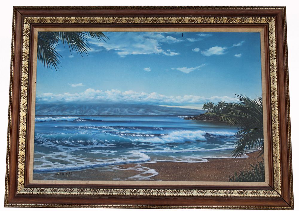 Appraisal: Fenske Hawaiian Coastal Painting with Palm Trees Fenske Hawaiian Coastal