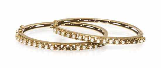 Appraisal: A Pair of Karat Yellow Gold and Cultured Pearl Bangle