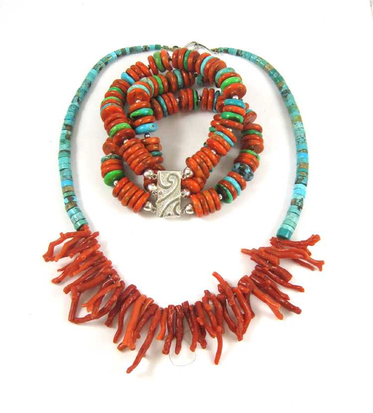 Appraisal: TWO PIECES OF CORAL AND TURQUOISE JEWELRY the first a