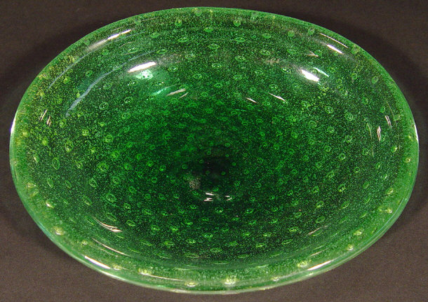 Appraisal: Venini green glass dish with gold and bubbled inclusions etched