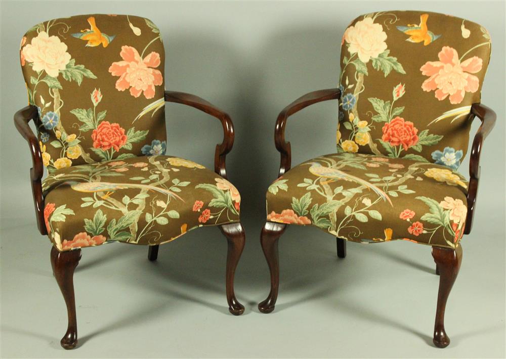 Appraisal: PAIR OF QUEEN ANNE STYLE MAHOGANY BROWN CHINTZ OPEN ARM