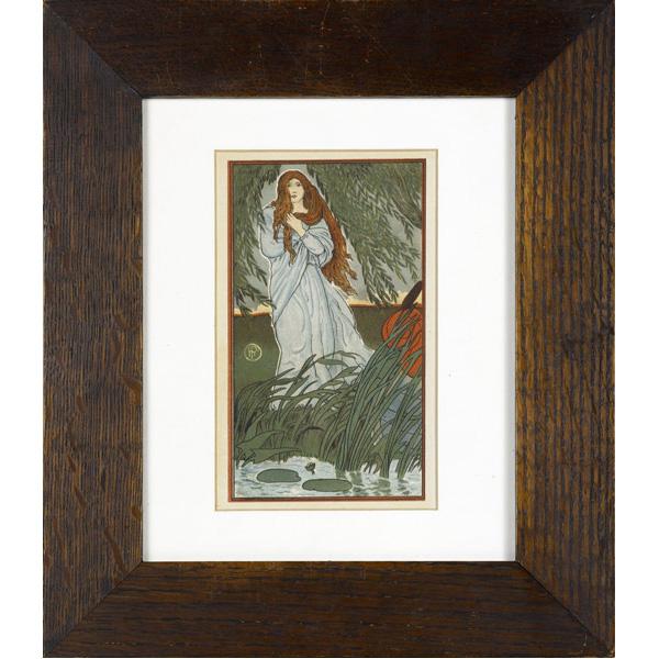 Appraisal: ROYCROFT Mitered picture frame with matted print of a Pre-Raphelite