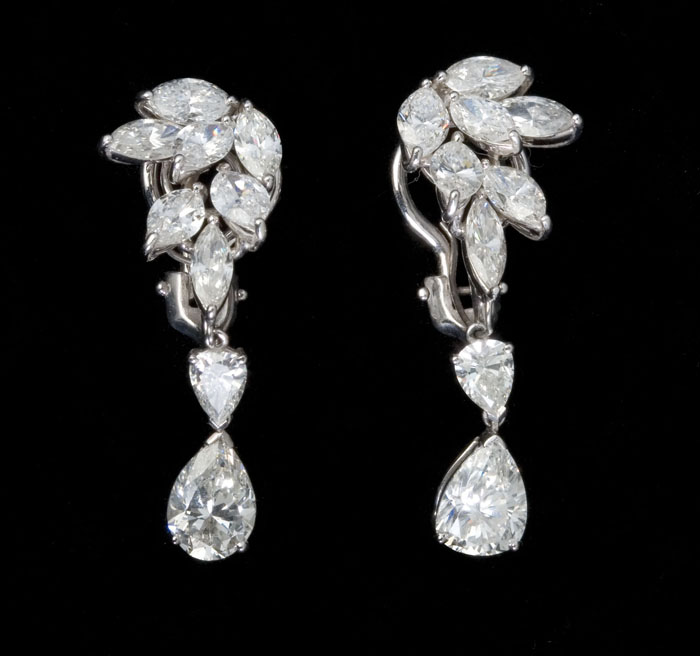 Appraisal: MARQUISE DIAMOND EARCLIPS WITH PEAR- SHAPE DIAMOND DROPS The clips