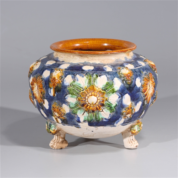 Appraisal: Chinese ceramic three-legged vase with sancai glaze and molded designs