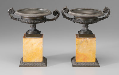 Appraisal: Pair bronze and marble tazzas petal bead and acanthus leaf