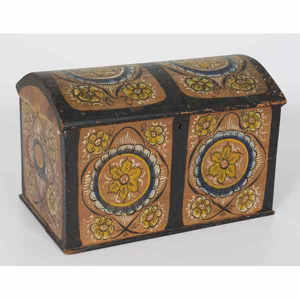 Appraisal: Miniature Dome Top Trunk Pine miniature trunk with folky painted