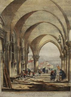 Appraisal: th C Hand Colored Engraving of European courtyard scene with