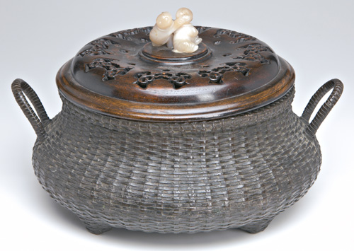 Appraisal: JAPANESE BRONZE Basket-weave censer on four feet strap handles carved