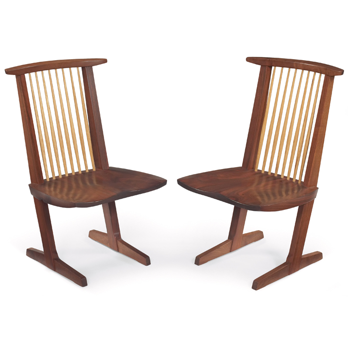 Appraisal: Mira Nakashima Conoid Host chairs pair solid walnut slab seats