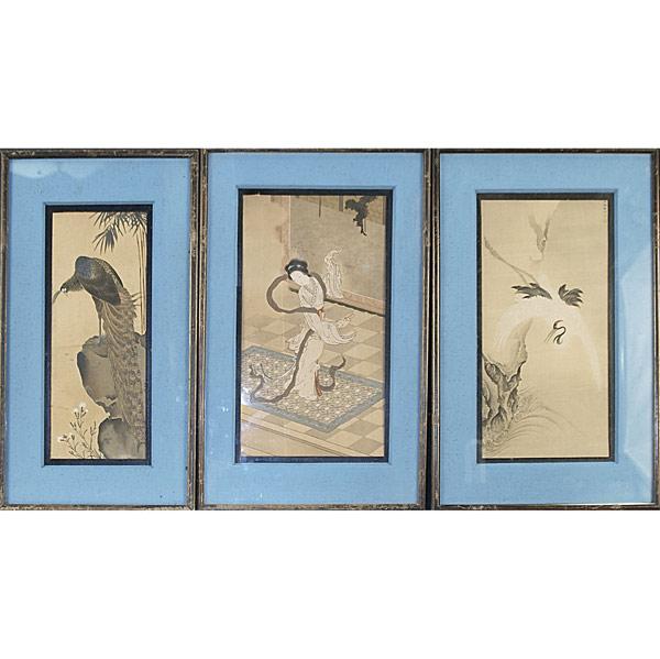 Appraisal: THREE JAPANESE PRINTS ON SILK All framed Provenance Private Collection