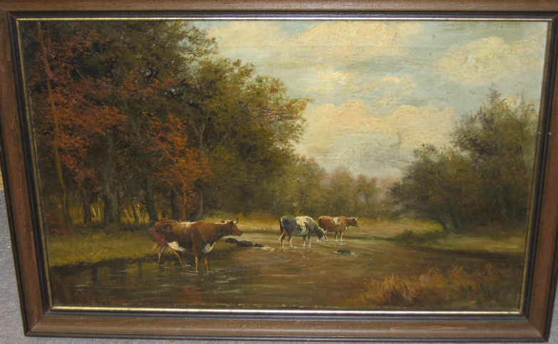 Appraisal: MILLS TH- TH CENTURY Cattle watering oil on canvas signed