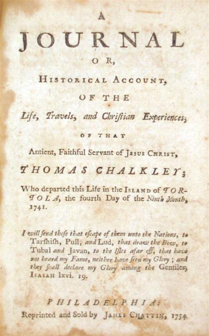 Appraisal: vol Chalkley Thomas A Collection of The Works Philadelphia James