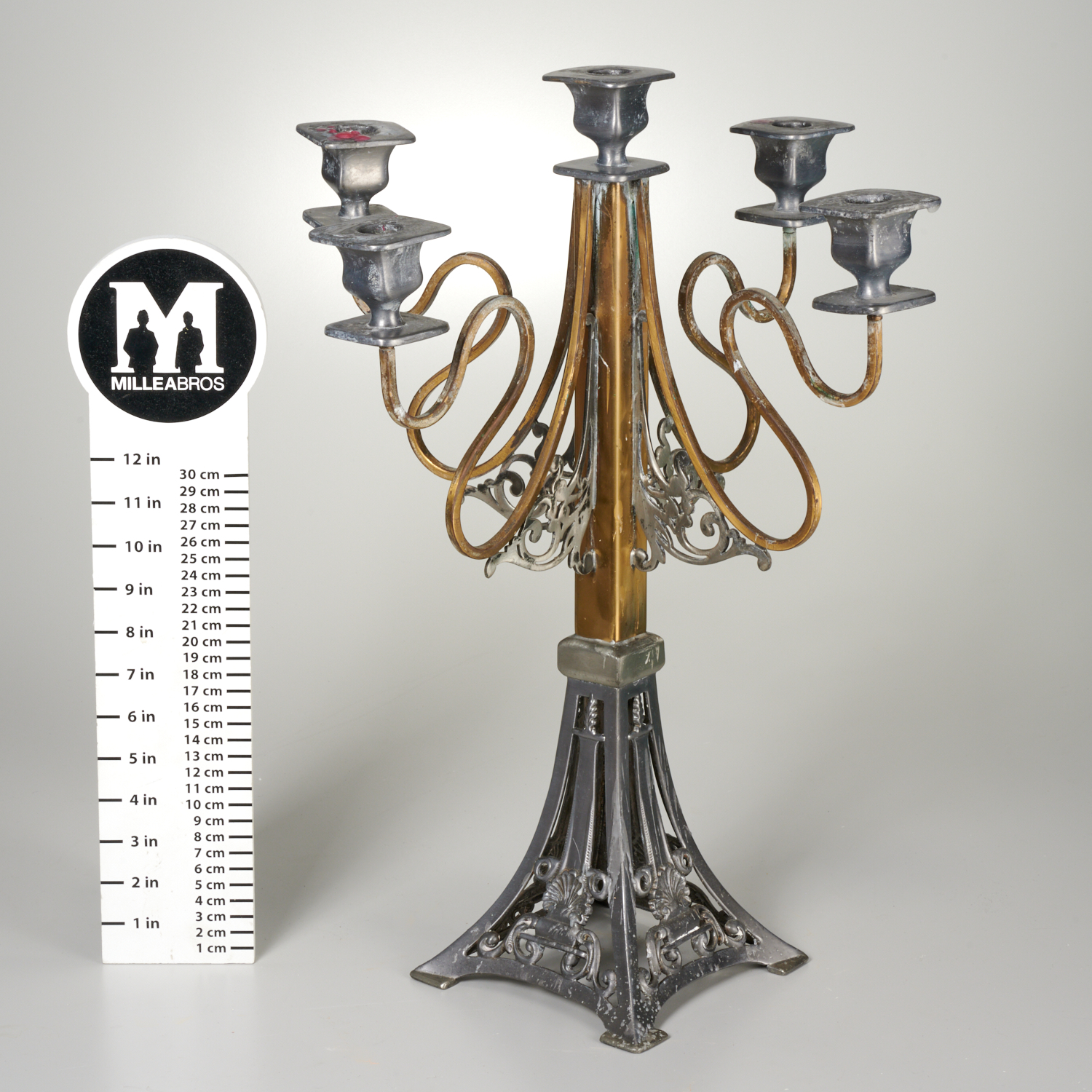 Appraisal: SHEFFIELD ART NOUVEAU MIXED METAL CANDELABRA th c English -arm