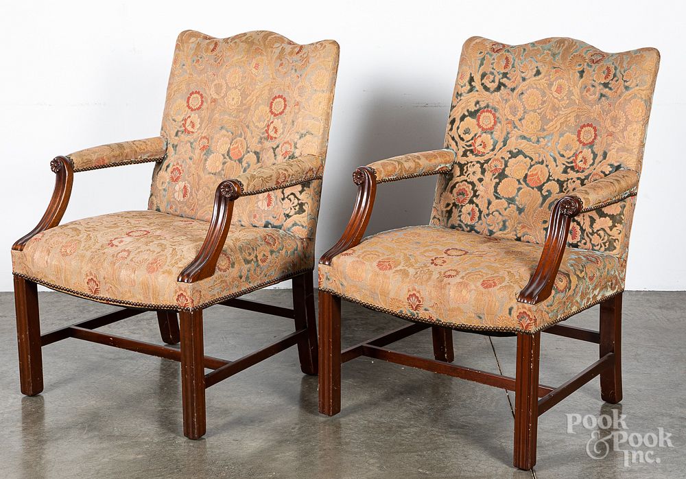 Appraisal: Pair of Georgian style mahogany open armchairs Pair of Georgian