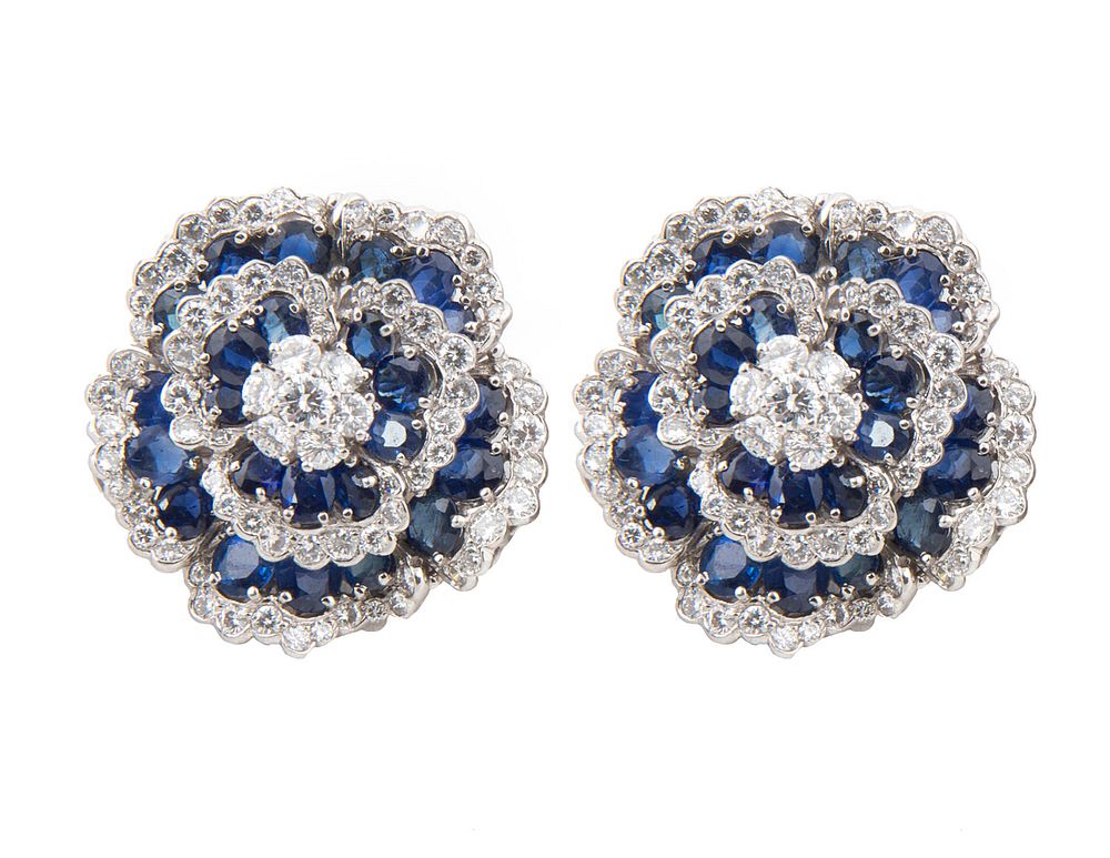 Appraisal: VAN CLEEF ARPELS MID- TH CENTURY DIAMOND AND SAPPHIRE ''CAMELLIA''