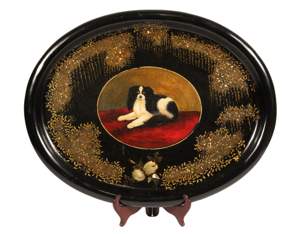 Appraisal: TOLE PAINTED TRAY - Large Oval Papier Mache Tray with