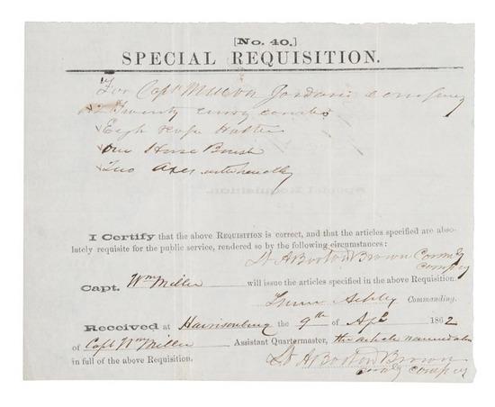 Appraisal: Turner ASHBY Partly-printed document signed Turner Ashby special requisition for