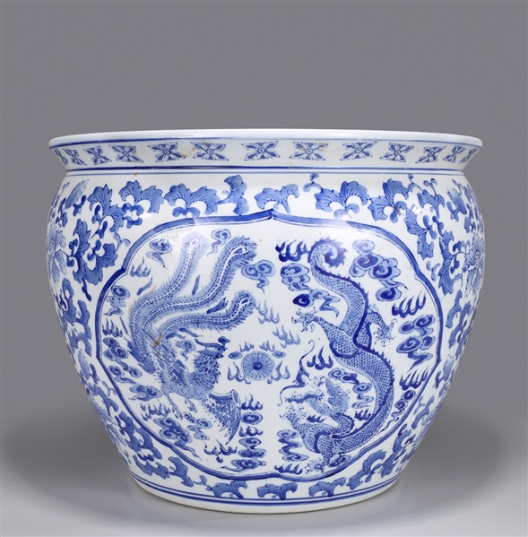 Appraisal: Chinese blue and white porcelain fish bowl with dragons phoenix