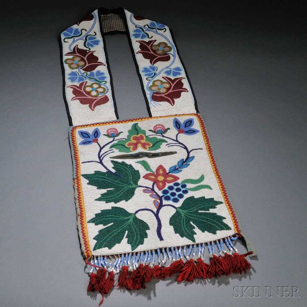 Appraisal: Great Lakes Floral Beaded Cloth Bandolier Bag lg in Estimate