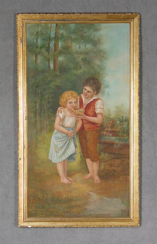 Appraisal: Victorian Oil on Canvas Boy and girl with bowl Signed