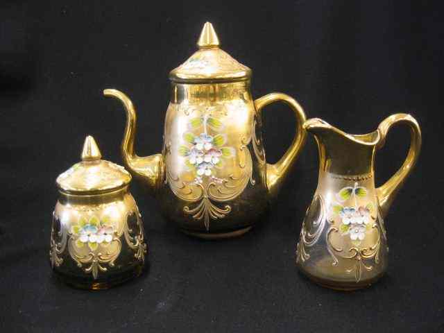 Appraisal: pc Italian Art Glass Tea Set raised enamel flowers on